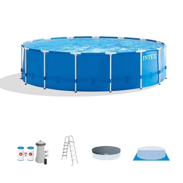 Intex 15ft x 48in Metal Frame Above Ground Swimming Pool Set: – Includes Filter, Pump, Removable Ladder, Pool Cover, Ground Cloth