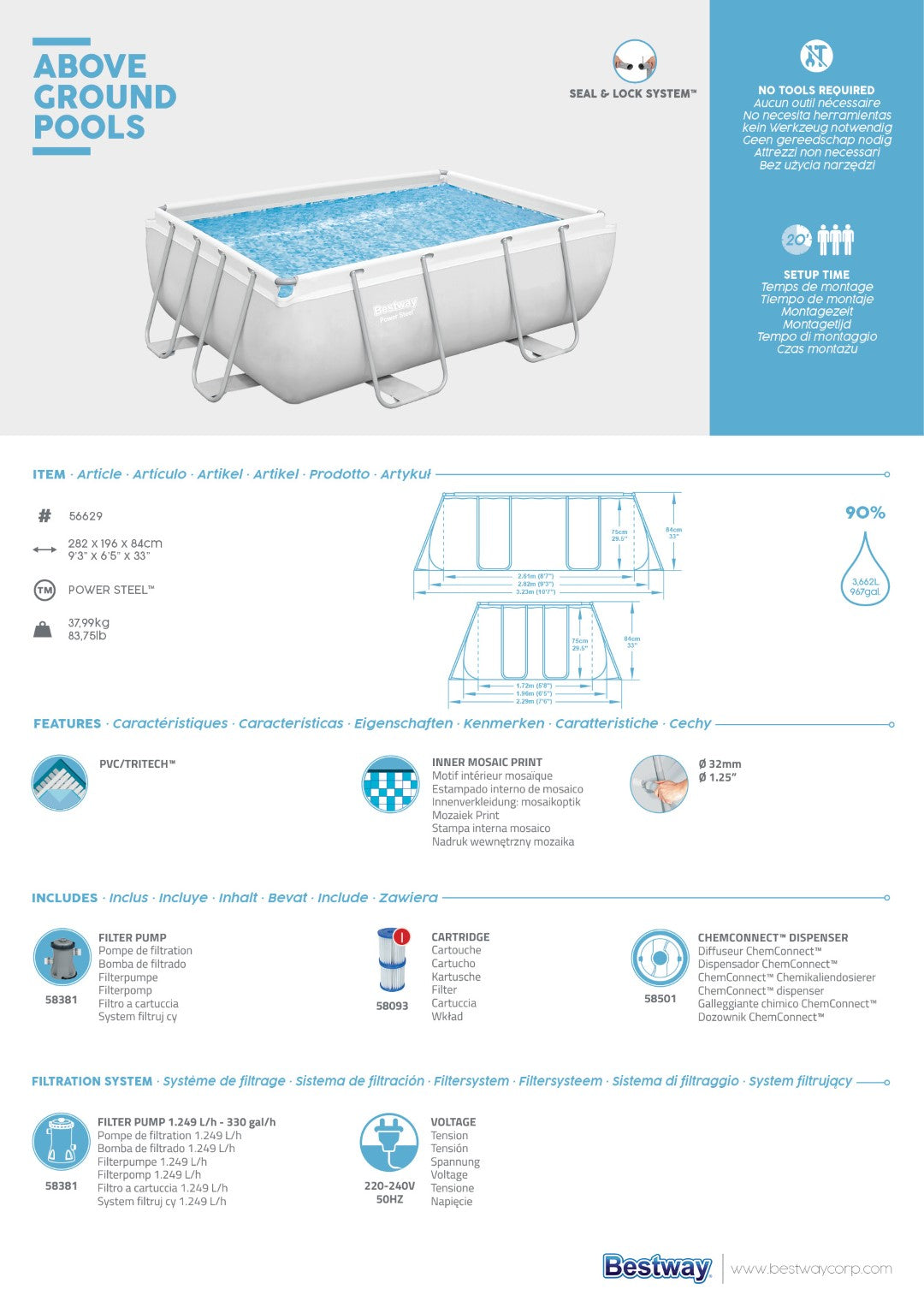 Bestway Steel Pro Pool 9 Ft 3 in x 6 Ft 5 in x 33inch