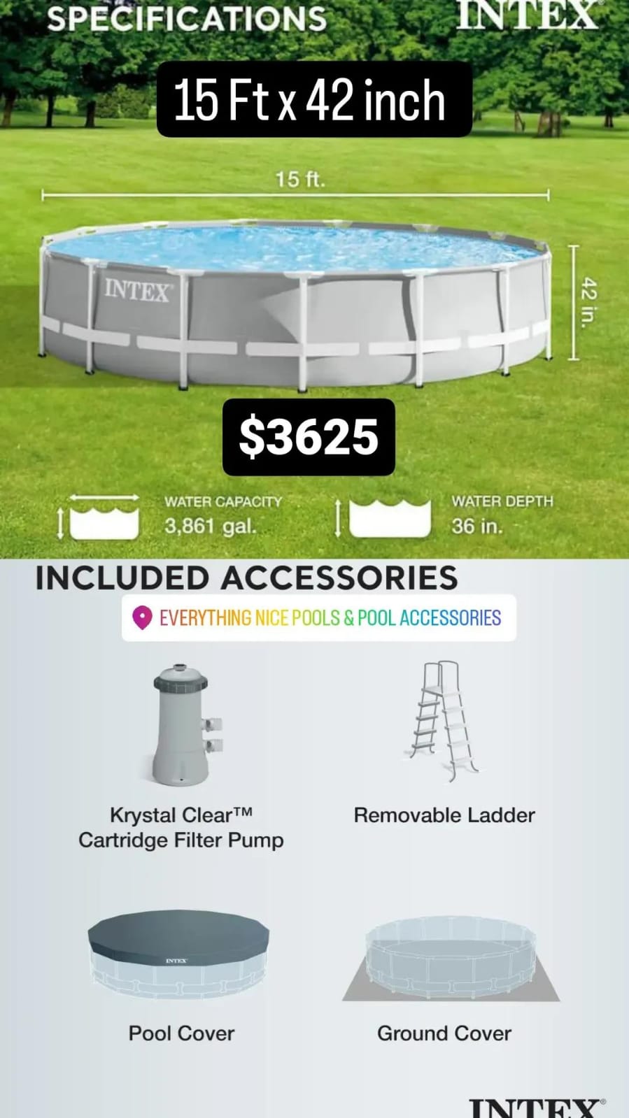 Intex 15ft x 42 in Prism Frame Pool Set with Ladder, Cover, & Pump