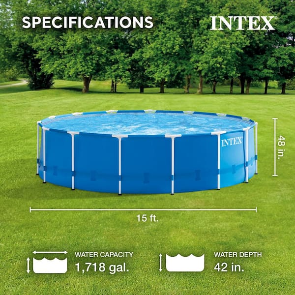 Intex 15ft x 48in Metal Frame Above Ground Swimming Pool Set: – Includes Filter, Pump, Removable Ladder, Pool Cover, Ground Cloth