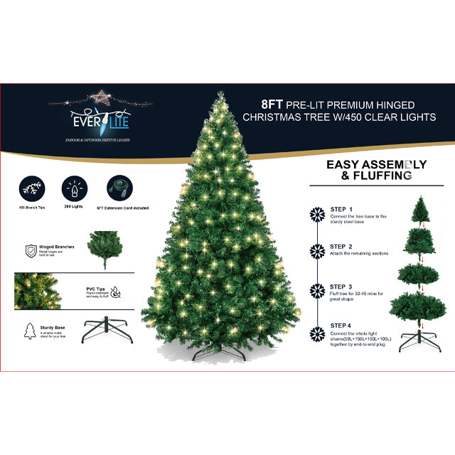 8FT PRE-LIT PREMIUM HINGED CHRISTMAS TREE