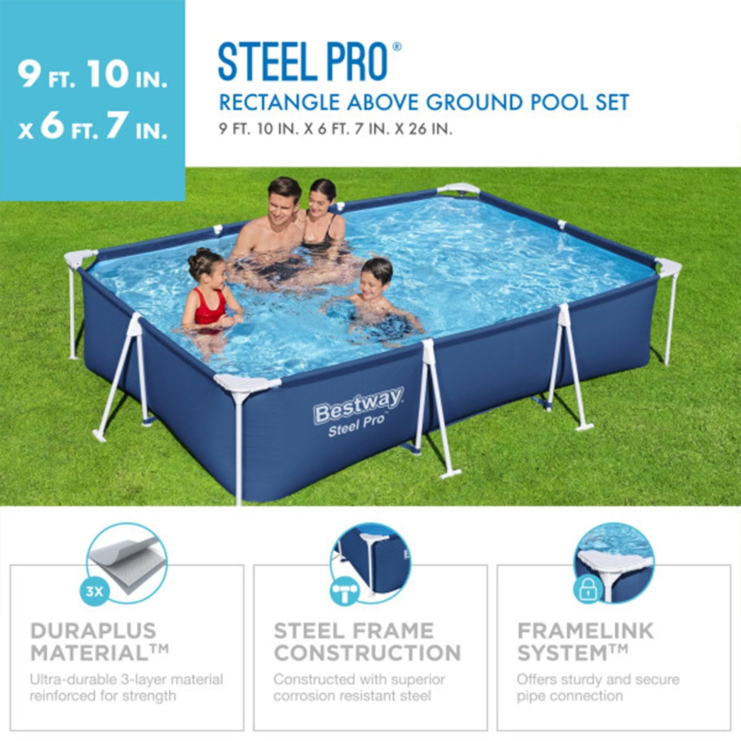 Bestway Steel Pro Rectangular Pool with Steel Frame 9 Ft 10 inch x 6 Ft 7 inch x 26 inch