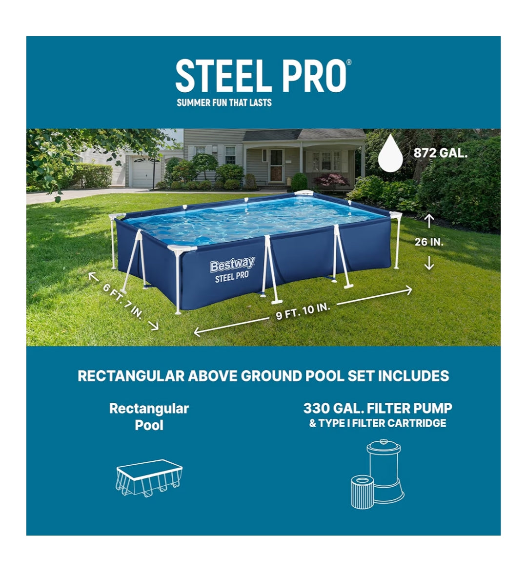 Bestway Steel Pro Rectangular Pool with Steel Frame 9 Ft 10 inch x 6 Ft 7 inch x 26 inch