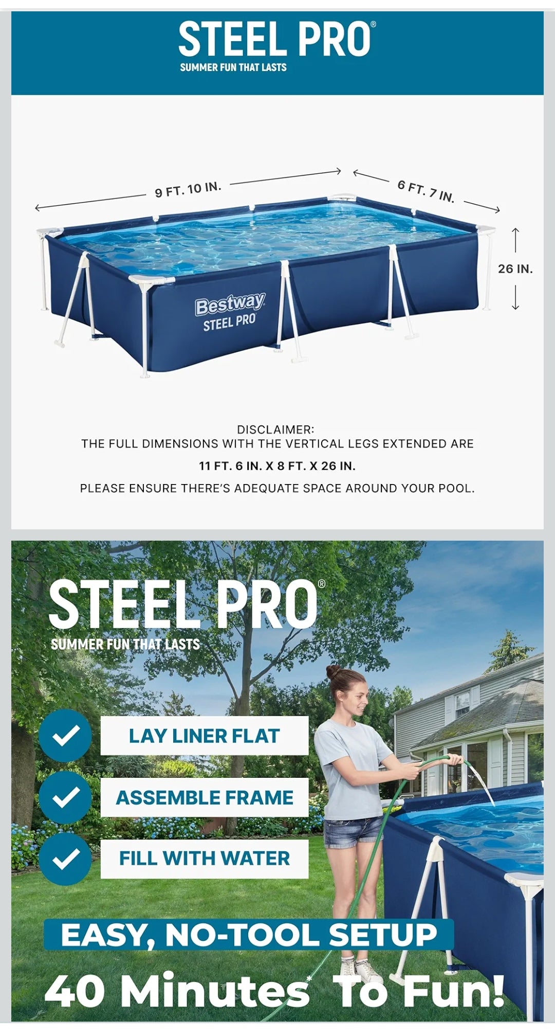 Bestway Steel Pro Rectangular Pool with Steel Frame 9 Ft 10 inch x 6 Ft 7 inch x 26 inch