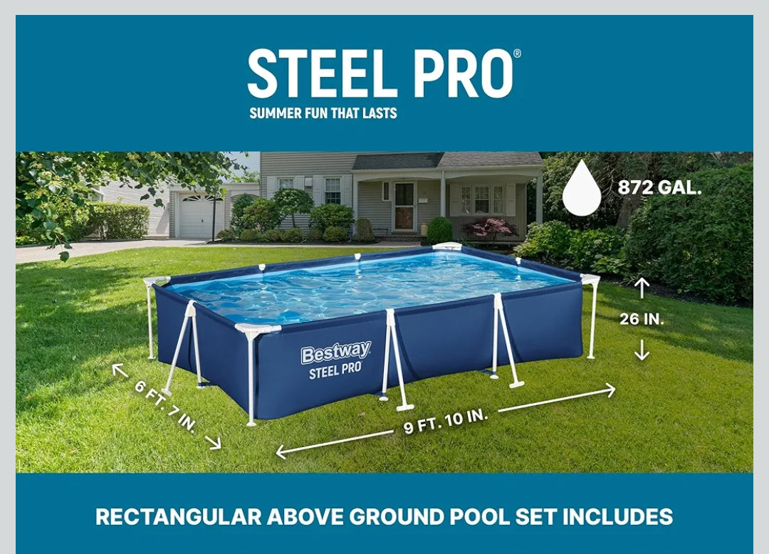 Bestway Steel Pro Rectangular Pool with Steel Frame 9 Ft 10 inch x 6 Ft 7 inch x 26 inch