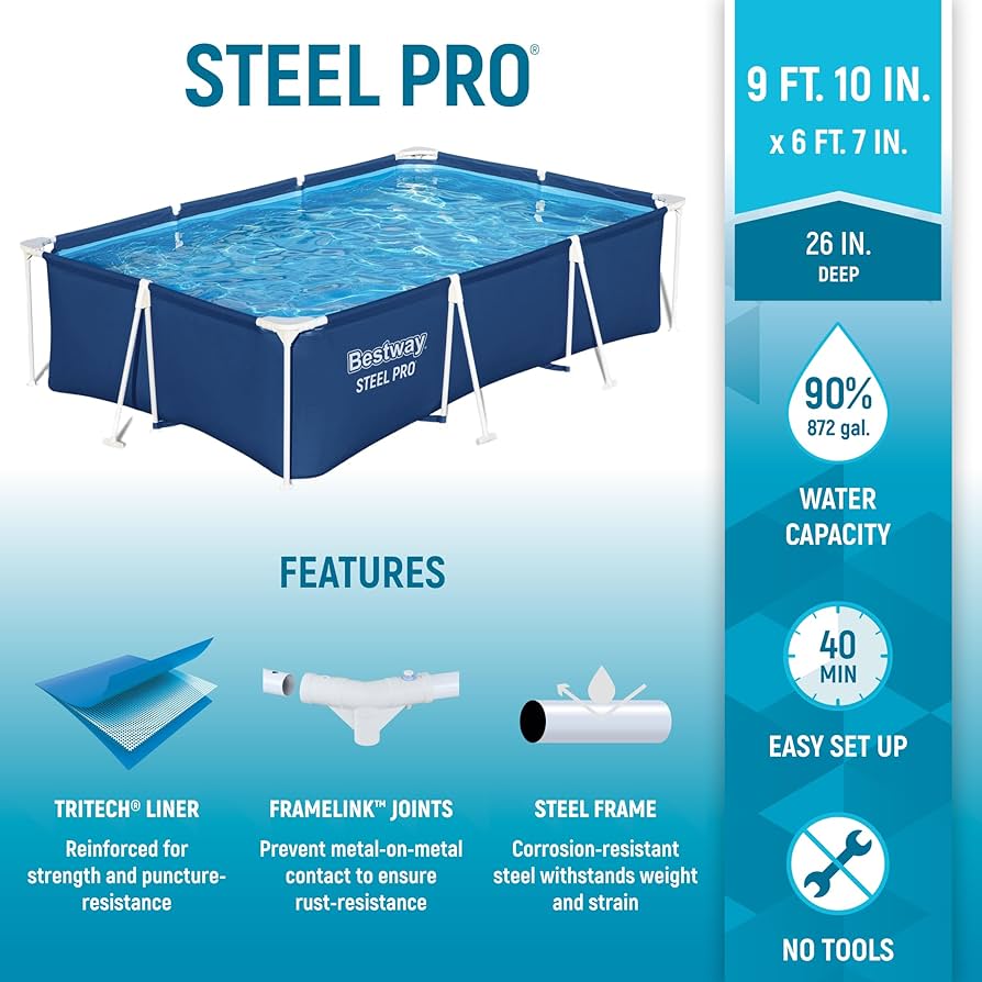 Bestway Steel Pro Rectangular Pool with Steel Frame 9 Ft 10 inch x 6 Ft 7 inch x 26 inch
